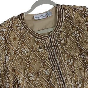 Laurence Kazar Vintage Beaded Silk Jacket Womens Large Gold Embroidered Evening